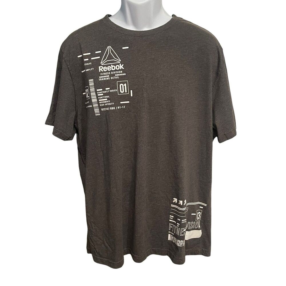 Reebok Short Sleeve Shirt Men's Gray XL Fitness Division Training Detail Barcode